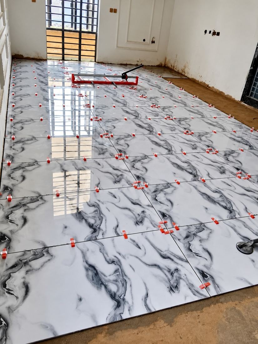 Floor tiles being laid on site